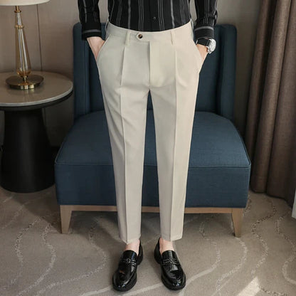 saferido British Style Men High Waist Dress Pants Autumn Solid Color Casual Trousers Slim Fit Formal Suit Pants Fashion Men Clothing 38