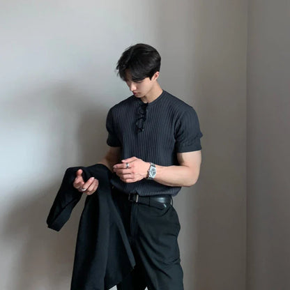 Men's Clothing Luxury Knitted T Shirt Casual Korean O Neck Solid Color Short Sleeve Tees for Men Breathable Summer Knitwear