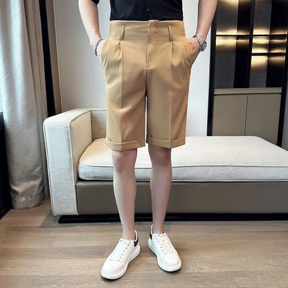 saferido British Style Summer Naples Straight Suit Shorts Men New Slim Fit Business Formal Knee Length Short Pants Hommes Streetwear