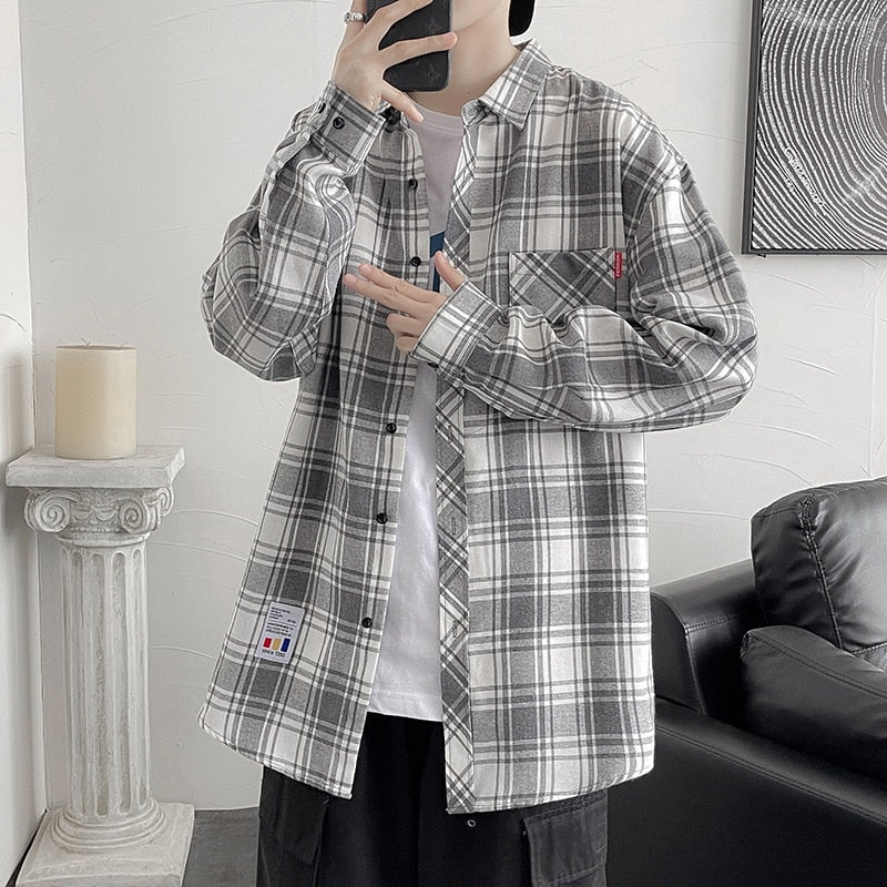 Spring New Oversize Retro Plaid Blouses Male High Quality Long Sleeve Cotton Plaid Shirts Hip Hop Flannel Checked Shirts Men