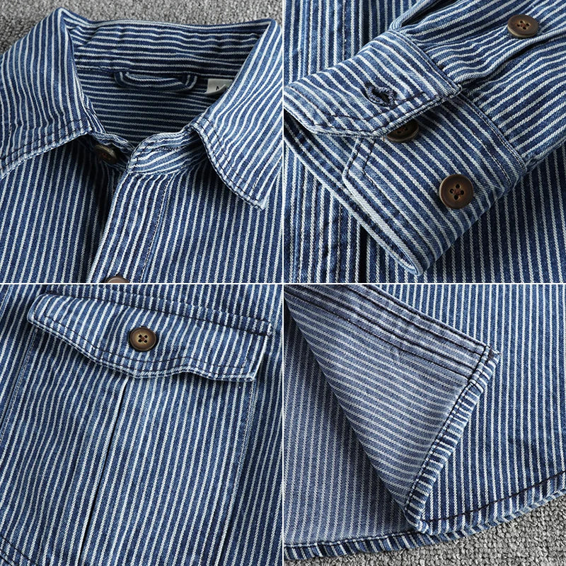 Fashion men Europe and the United States style casual shirt coat striped fabric washed to make old vintage cargo denim shirt