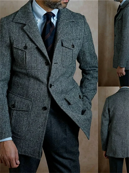 1 Pieces Vintage Business Men Suits Slim Fit Tweed Herringbone Tuxedo Groom Suits For Men Wedding Notch Lapel Jacket Male Blazer