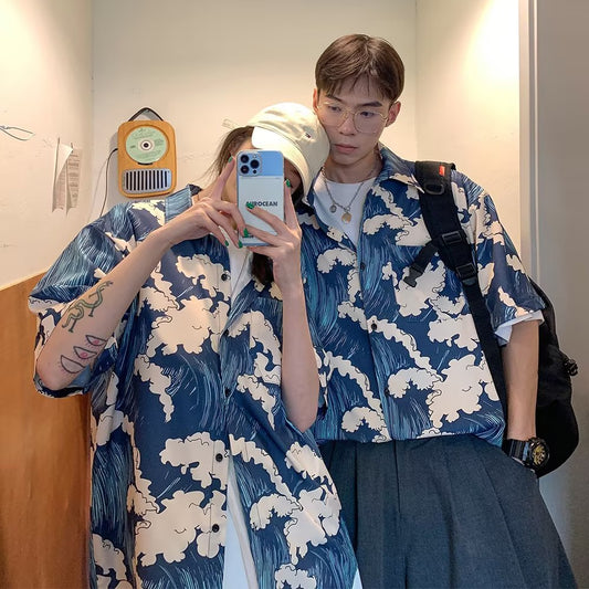 Couple Japanese Shirt Harajuku Oversized Short Sleeve Shirt for Men Women Hawaiian Print Flower Shirt Geometric Streetwear