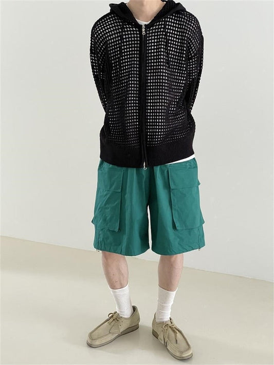 Hollow Out Cardigan Sweaters Men Knitted Summer Casual Breathe Fashion Clothing Hooded Lightweight Coats New