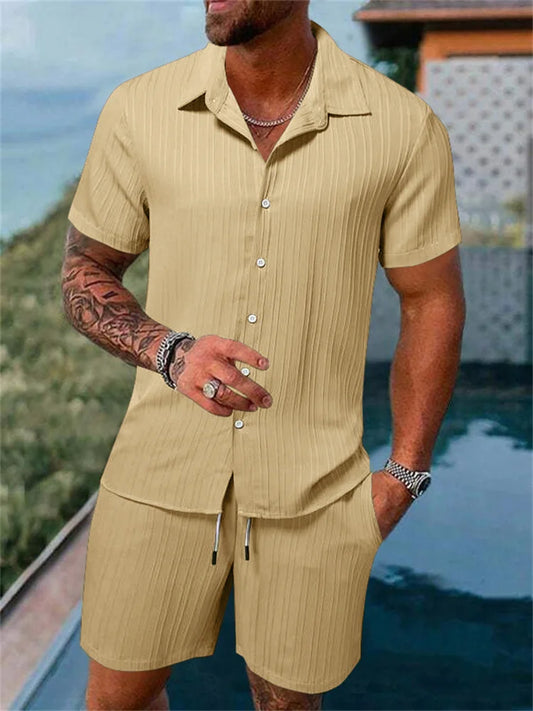saferido Men's shirt suit cotton and linen solid color striped short-sleeved casual shirt oversized beach shorts summer street wear