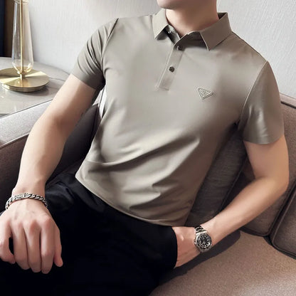 saferido British Style Men's High Elastic Ice Silk Dark Striped Lapel Polo Shirt Golf Casual Slim Fit Short Sleeve Shirt Khaki
