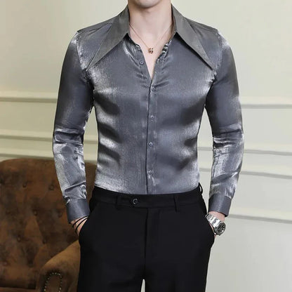 saferido Mens Korean Style Slim Sexy Polarized Pointed Collar Long-Sleeve Shirt Autumn Nightclub Trend No-Iron Anti-Wrinkle Shirt For Men