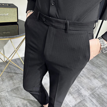 saferido Korean style Fashion Striped Suit Pants for Men Formal Business Dress Pants Korean Slim Fit Classic Casual Trousers 36 38
