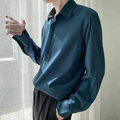Korean Clothes Loose Solid Color Long Sleeve Button Up Shirts for Men Fashion Designer Autumn Trend Silk Drape Business Shirt