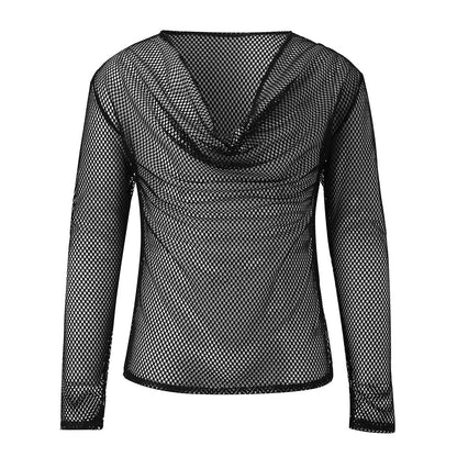 Mens Sexy See-Through Mesh Long-Sleeved Top  New Genderless Nightclub Individuality Youthful Thin Low-Cut T-Shirt Unisex
