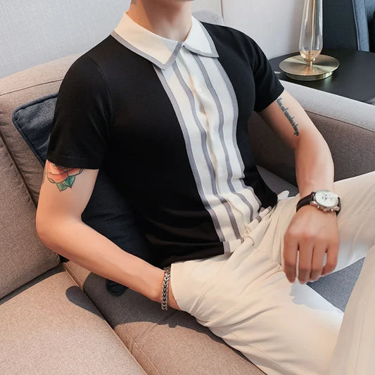 saferido Spring Men Short Sleeve Polo Contrast Stripes Lapel Top Korean Slim Knit Men Polo High Quality Tee Shirt Camisa Hombre 4XL