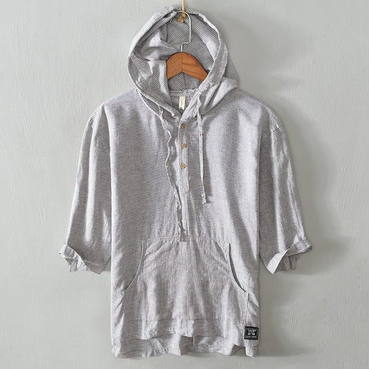 Summer Fashion Men Shirts Short Sleeve Vintage Casual Cotton Linen Shirt Men Tee Stripe Designer Pullover Hooded T-Shirt Hombre