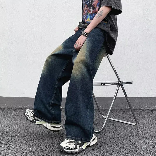 saferido Men's Jeans Korean Version Student Handsome Casual Pants High Street Straight Loose Wide Leg Jeans Vintage Blue Baggy Jeans