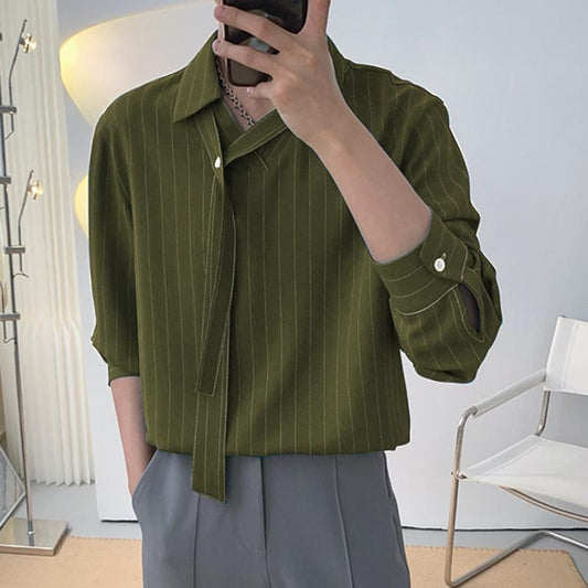 Fashion Men Striped Shirt Lapel Long Sleeve Streetwear Tie Autumn Casual Men Clothing Korean Leisure Shirts S-5XL