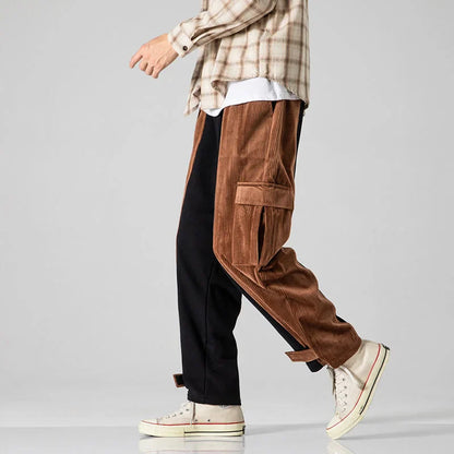 saferido Corduroy Casual Pants for Men's Loose Sports Stitching Pocket Overalls All-match Hip-hop Street Trendy Trousers Spring Autumn