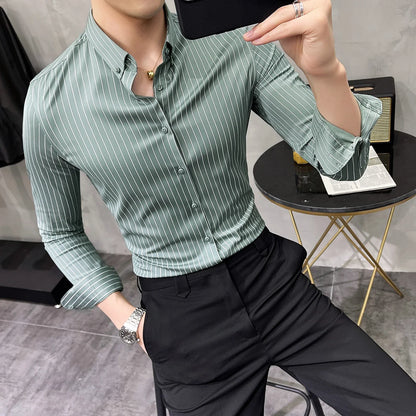 saferido British Style Striped Shirts Mens Long Sleeve Business Formal Dress Shirt Casual Slim Fit Shirt Streetwear Social Party Clothing