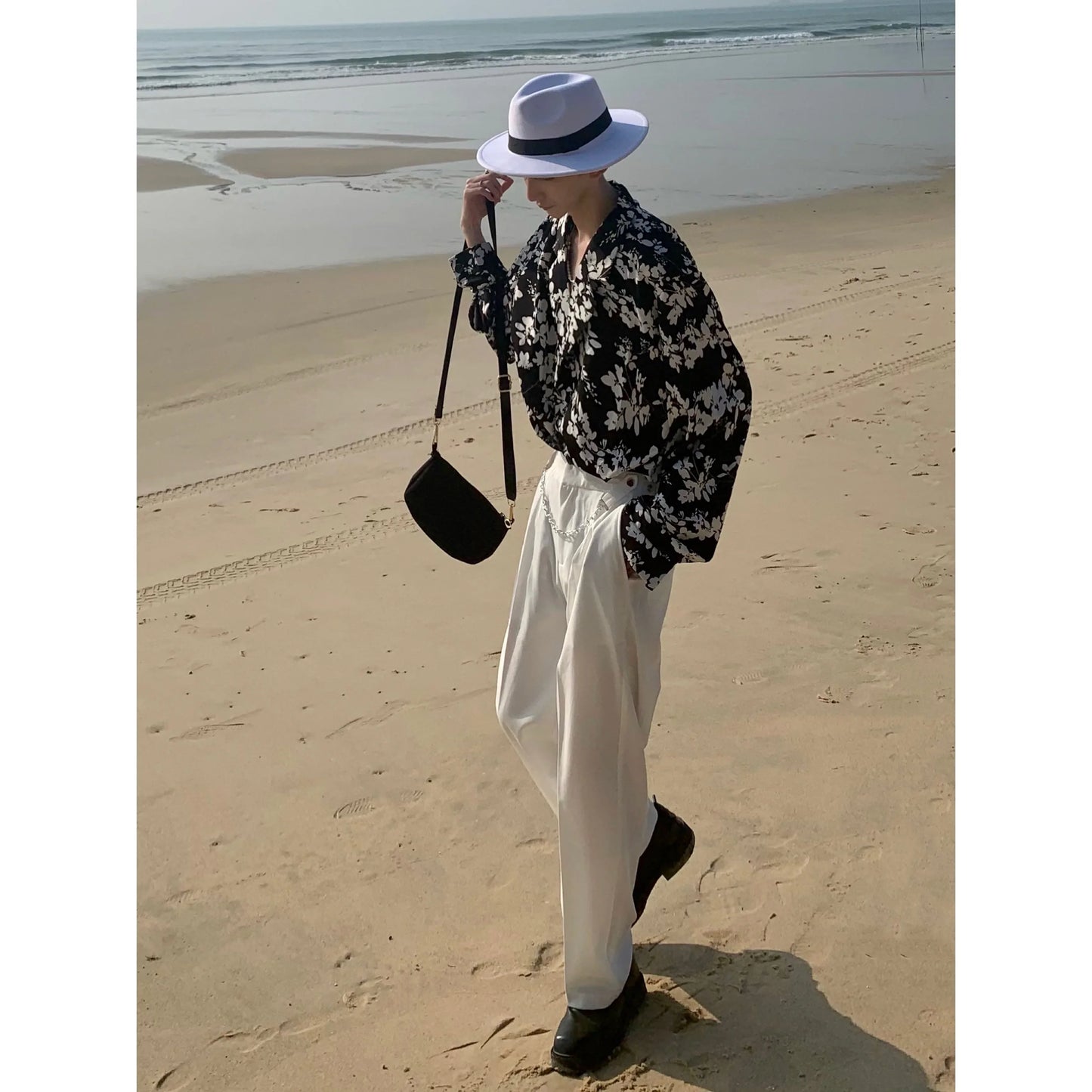 saferido Fashion Korean Spring New Long Sleeve Men Shirt Loose Casual Personality Print Turn-down Collar Pocket Simple Shirts