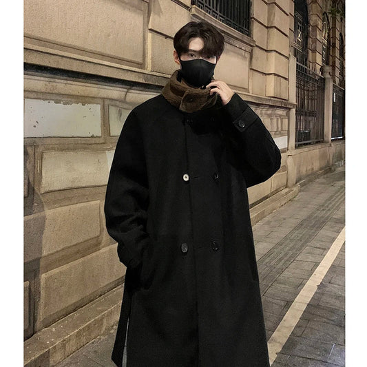 saferido Men's Lamb wool Patchwork Woolen Overcoat Men High-end Stand Collar Casual Loose Korean Style Winter New Elegant Trench Coat