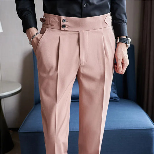 saferido British Style Men High Waist Casual Dress Pant Men Belt Design Pink Trousers Formal Office Social Wedding Party Dress Suit Pants