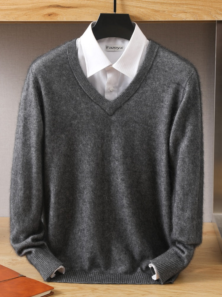Men's 100% Mink Cashmere Sweater V-Neck Pullovers Knit Large Size Winter New Tops Long Sleeve High-End Jumpers