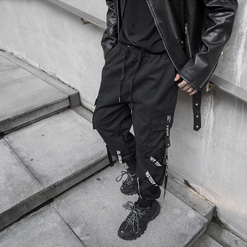 Black Cargo Pants Men Joggers Cargo Trousers for Men Jogging Japanese Streetwear Hip Hop Hippie Techwear Gothic Ribbon