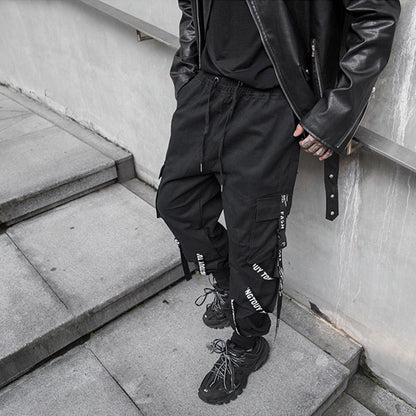 Black Cargo Pants Men Joggers Cargo Trousers for Men Jogging Japanese Streetwear Hip Hop Hippie Techwear Gothic Ribbon