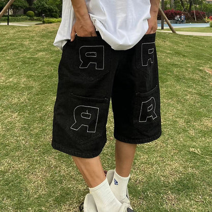 Hip Hop Washed Retro Summer Jeans Mens Pockets Straight Oversized Casual Five Point Pants Loose Harajuku Streetwear Denim Shorts