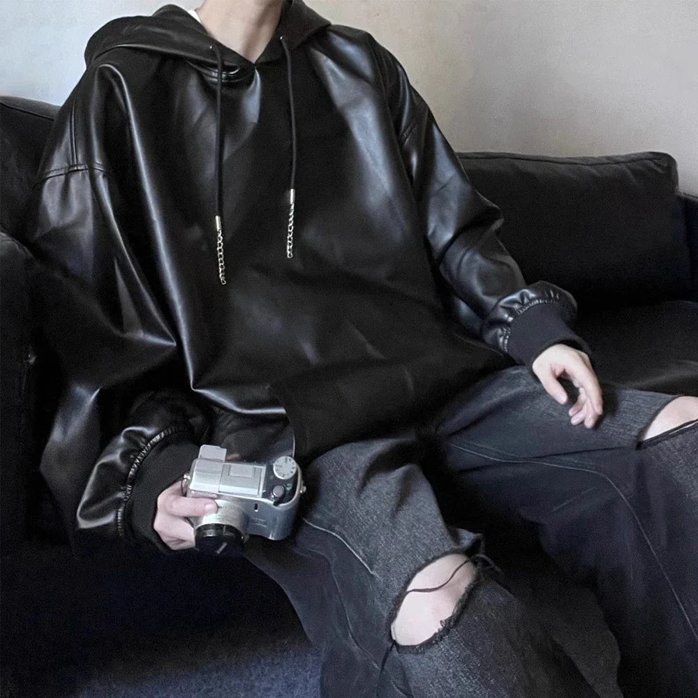saferido Mens American Biker Y2k Pu Leather Hoodie Genderless Essential Loose Solid Color Trendy Street Hip-Hop Sweatshirt Unisex