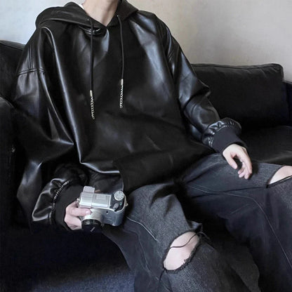 saferido Mens American Biker Y2k Pu Leather Hoodie Genderless Essential Loose Solid Color Trendy Street Hip-Hop Sweatshirt Unisex