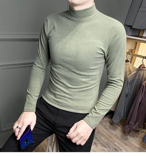 saferido Casual Men High Quality Spring and Autumn Solid Color Half A Turtleneck Long Sleeve Slim Base Shirt Men's Double-Faced Pile