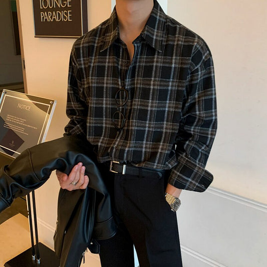Men Spring Autumn New Korean Casual Shirts Male Plaid Single Breasted Blouses Men Long Sleeve Loose  Shirts V46