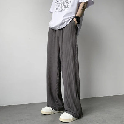 saferido Summer Ice Silk Pants Men Fashion Casual Pleated Pants Men Japanese Streetwear Loose Wide Leg Pants Mens Baggy Trousers M-3XL