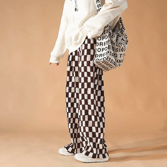 saferido Casual Straight Wide Leg Pants Men High Street Trend Mopping Pants Loose Overalls Contrast Color Plaid Printed Trousers Spring