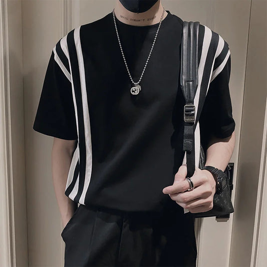 saferido Summer Men's Social Simple Fashion T Shirts Korean Style Round Neck Stripe Printing Tshirts Short Sleeve Black T-shirt
