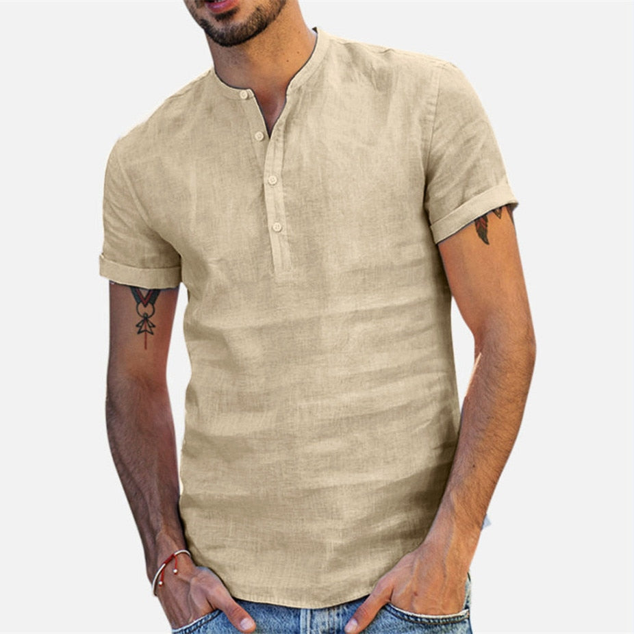 Men's Standing Collar Cotton Linen Short Sleeved Shirt Men's Designer Clothes Popular Tops for Men