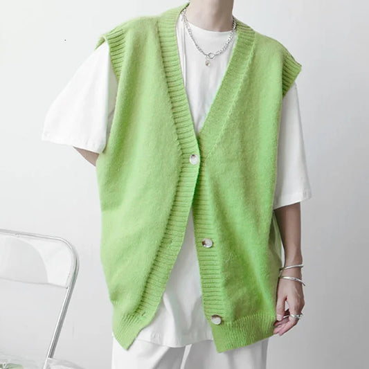 saferido Fashion Menswear Solid Color Knitting Cardigan Sweater Men's Spring And Winter New Loose V-neck Single Breasted Vest