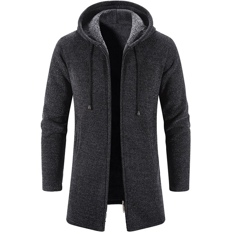 Winter Fleece Cardigan Men Thick Hooded Long Sweaterscoat Male Warm Knitted Sweater Jackets Men Causal Outwear Windbreaker