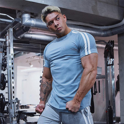 Side Stripes Gym Running Men's Summer Short Sleeve Sports Style Fashion T-shirt Bodybuilding Fitness Cotton T-shirt Men's Shirt