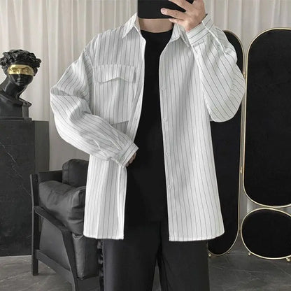 New Spring and Autumn Fashion Hong Kong Style Polo Neck Stripe Casual Loose Fashion Versatile Long Sleeve Men's Thin Shirt
