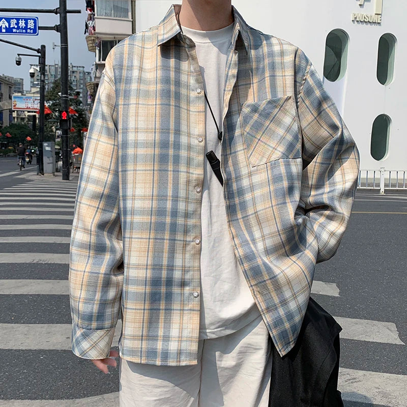 New Vintage Plaid Shirt Men Clothing Japanese Korean Fashion Designer Loose Long Sleeve Casual Oversized Shirts for Men
