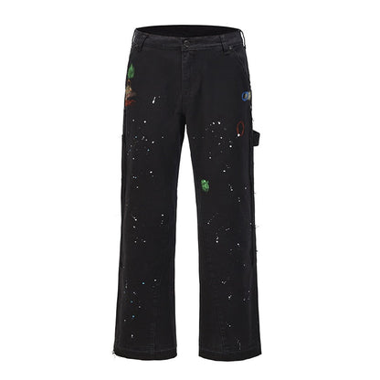 High Street Retro Ink Splash Patchwork Ripped Jeans Flare Pants Men and Women Straight Casual Oversized Loose Denim Trousers