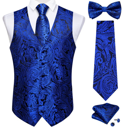 Men Black Paisley Vest Necktie Bowtie Pocket Square Cufflinks Dress Set Classic 5 PCS Business Waistcoat for Man