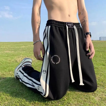 saferido American Vintage Patchwork Contrasting Sports Pants Men's Autumn Print Drawstring Trend Versatile Loose Straight Casual Trousers
