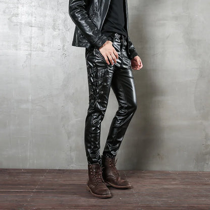 saferido 2024 PU leather men's black leather rope plus velvet leather pants punk style men's motorcycle pants slim fit personality simple
