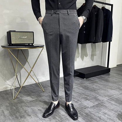 saferido Korean style Fashion Striped Suit Pants for Men Formal Business Dress Pants Korean Slim Fit Classic Casual Trousers 36 38