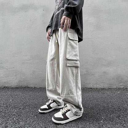 saferido American straight tube workwear pants for men, autumn trendy high street logging wide leg pants ruffled and handsome loose