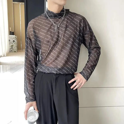 saferido American Letter Mesh T-Shirt For Men Autumn New Style Casual Simple Comfortable Breathable High Collar Inner Trendy Top