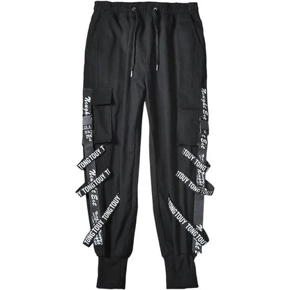 saferido Techwear Cargo Pants Men Joggers Black Cargo Trousers for Men Jogging Japanese Streetwear Hip Hop Hippie Gothic Ribbon
