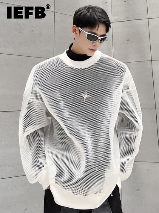 Hollowed Out Mesh Design Long Sleeve Men Sweatshirt 2023 New Autumn Korean Fashion Long Sleeve Male Tops 9A4936
