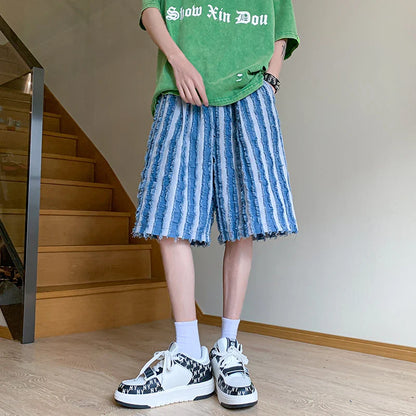 saferido Hip hop denim shorts American street style heavy industrial men's denim shorts New punk loose fitting fashion shorts Blue black
